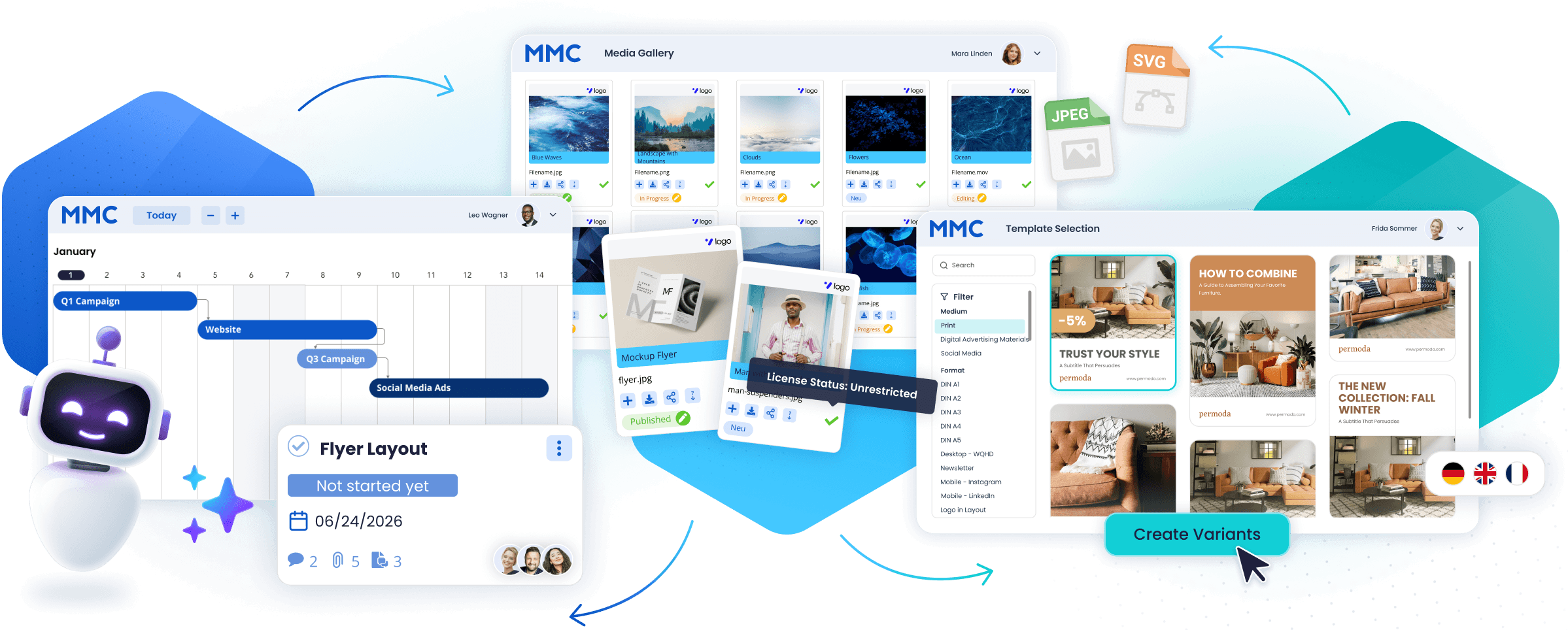 Views of the Marketing Management Cockpit with campaigns, assets and approvals